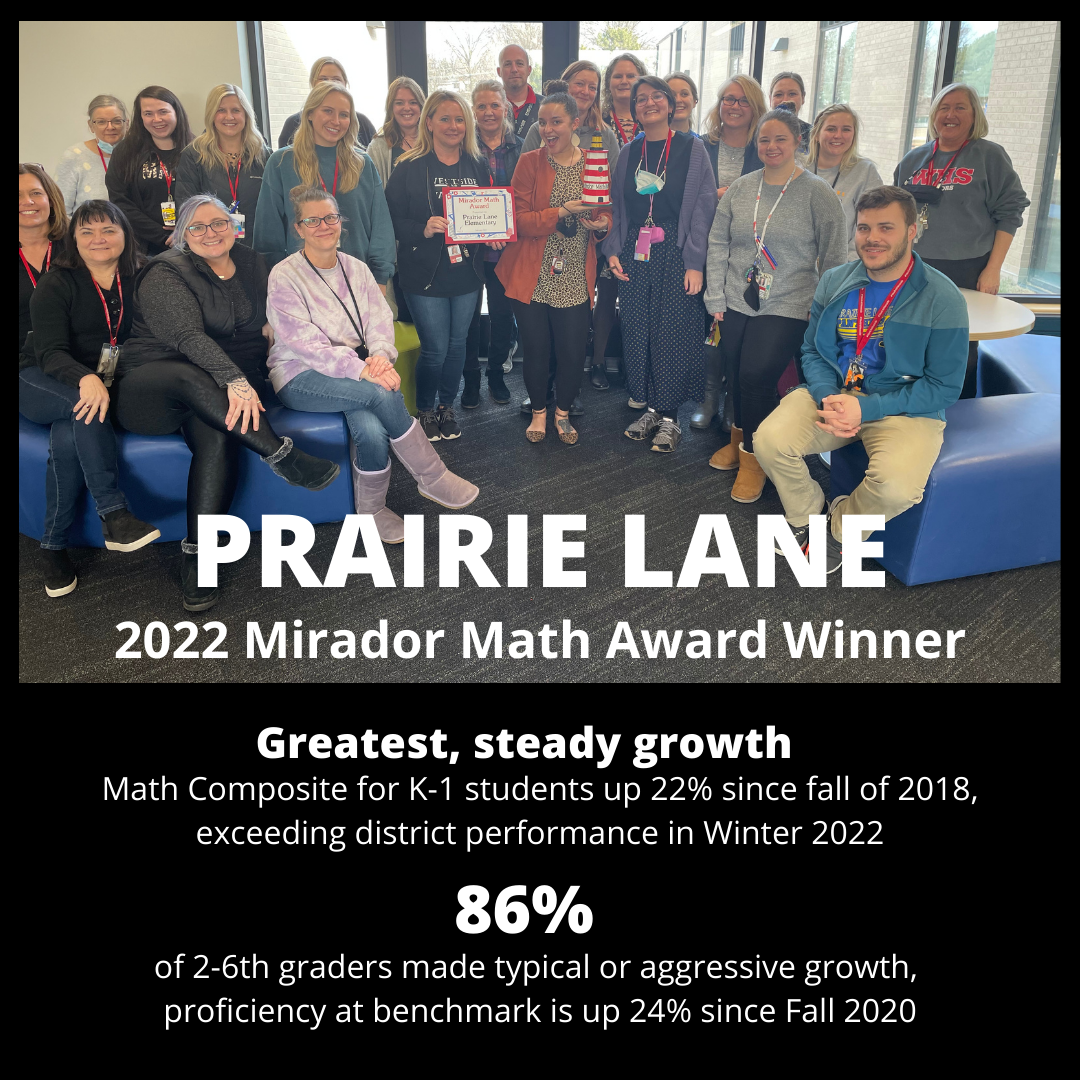  Prairie Lane Wins first Mirador Math Award for outstanding match comprehension.